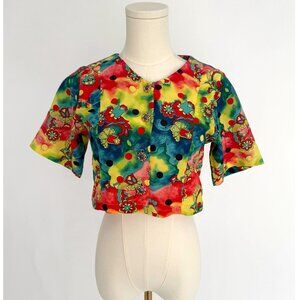 80s vintage colorful handmade crazy floral print crop top blouse extra small